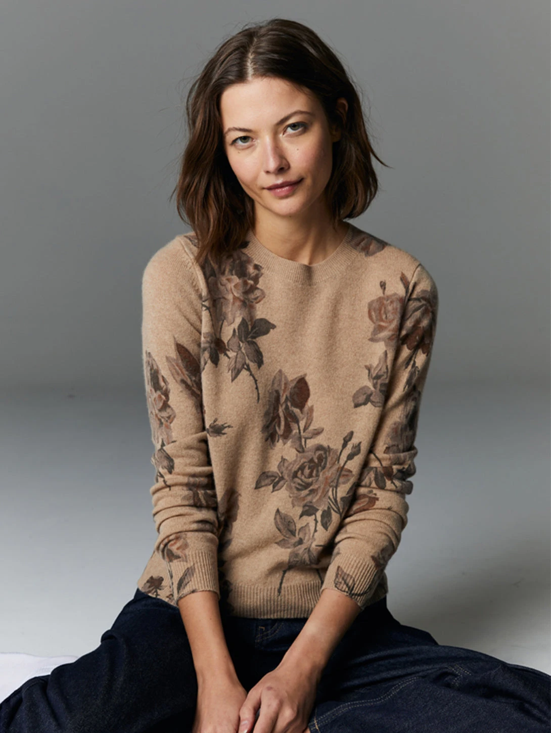 Floral Crew Sweater - Cork 1 Floral Crew Sweater - Cork