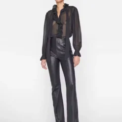 FRAME Ruffle Front Button Up Shirt - Noir -Deals Moda Zoom Store F23SBL03 NOIR 0489