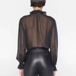 FRAME Ruffle Front Button Up Shirt - Noir -Deals Moda Zoom Store F23SBL03 NOIR 0501