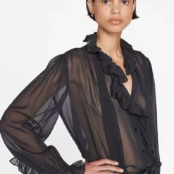 FRAME Ruffle Front Button Up Shirt - Noir