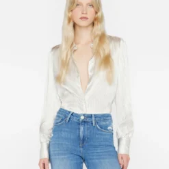 FRAME Victorian Blouse - Bone -Deals Moda Zoom Store LWSH2877 BONE MULTI 1208