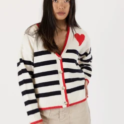 Riva Heart Cardigan - White Navy Stripe