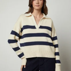 Velvet Lucie Stripe Polo Sweater - Cream/Navy