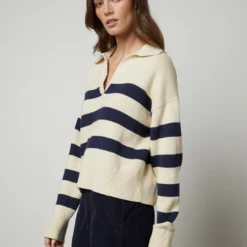 Velvet Lucie Stripe Polo Sweater - Cream/Navy -Deals Moda Zoom Store cot cash lucie05 cream navy vera04 night 0933