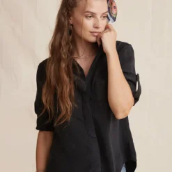 Split Back Button Down Shirt - Black